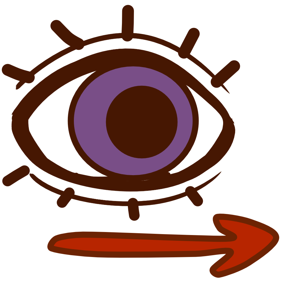 a purple eye with a brownish red arrow below it pointing to the right. The iris takes up the whole eye and is looking slightly right